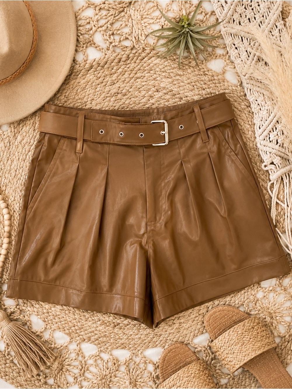 Kori High-Waist Faux Leather Belted Shorts in Brown